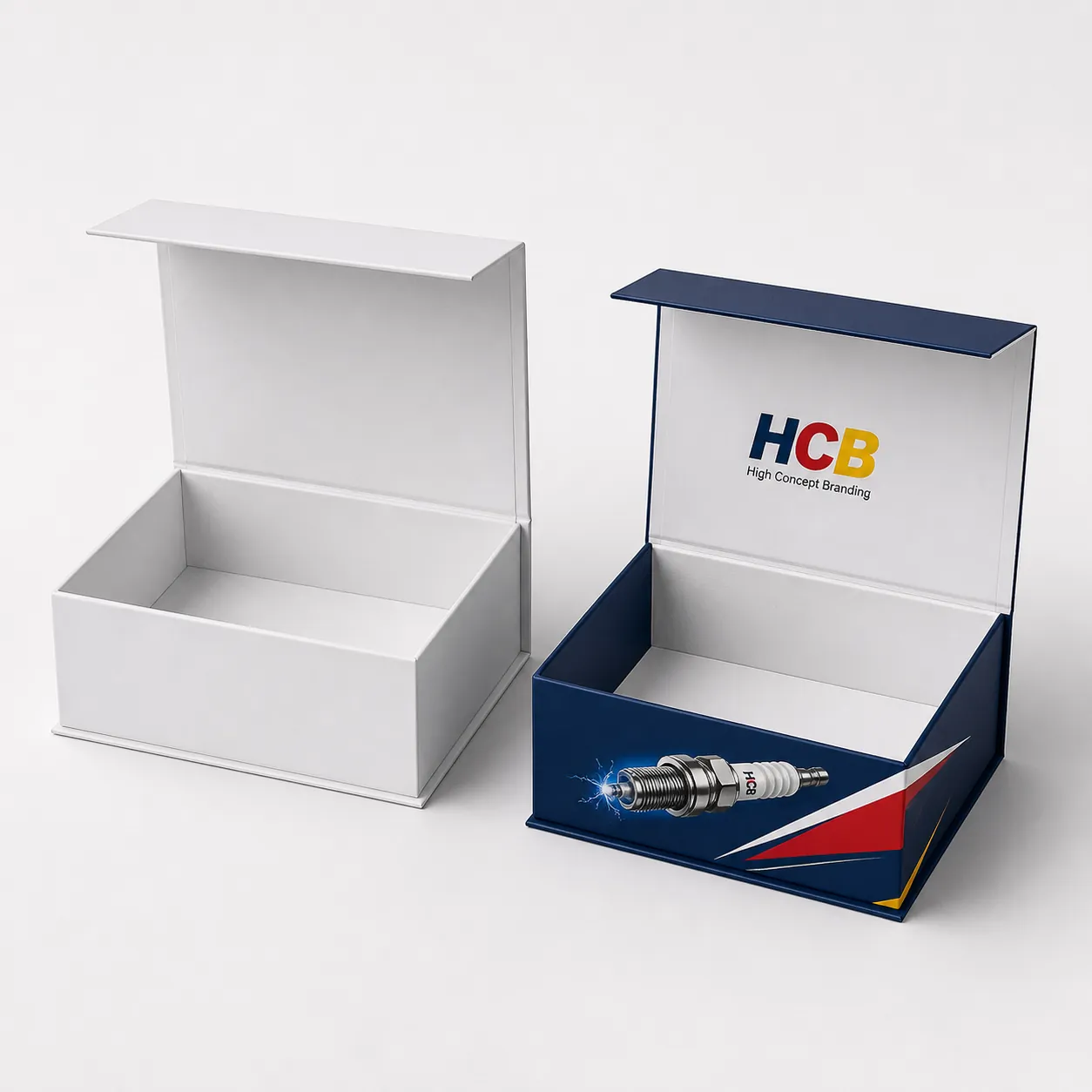 Modern black and red auto spare parts packaging boxes designed specifically for spark plug protection. class=